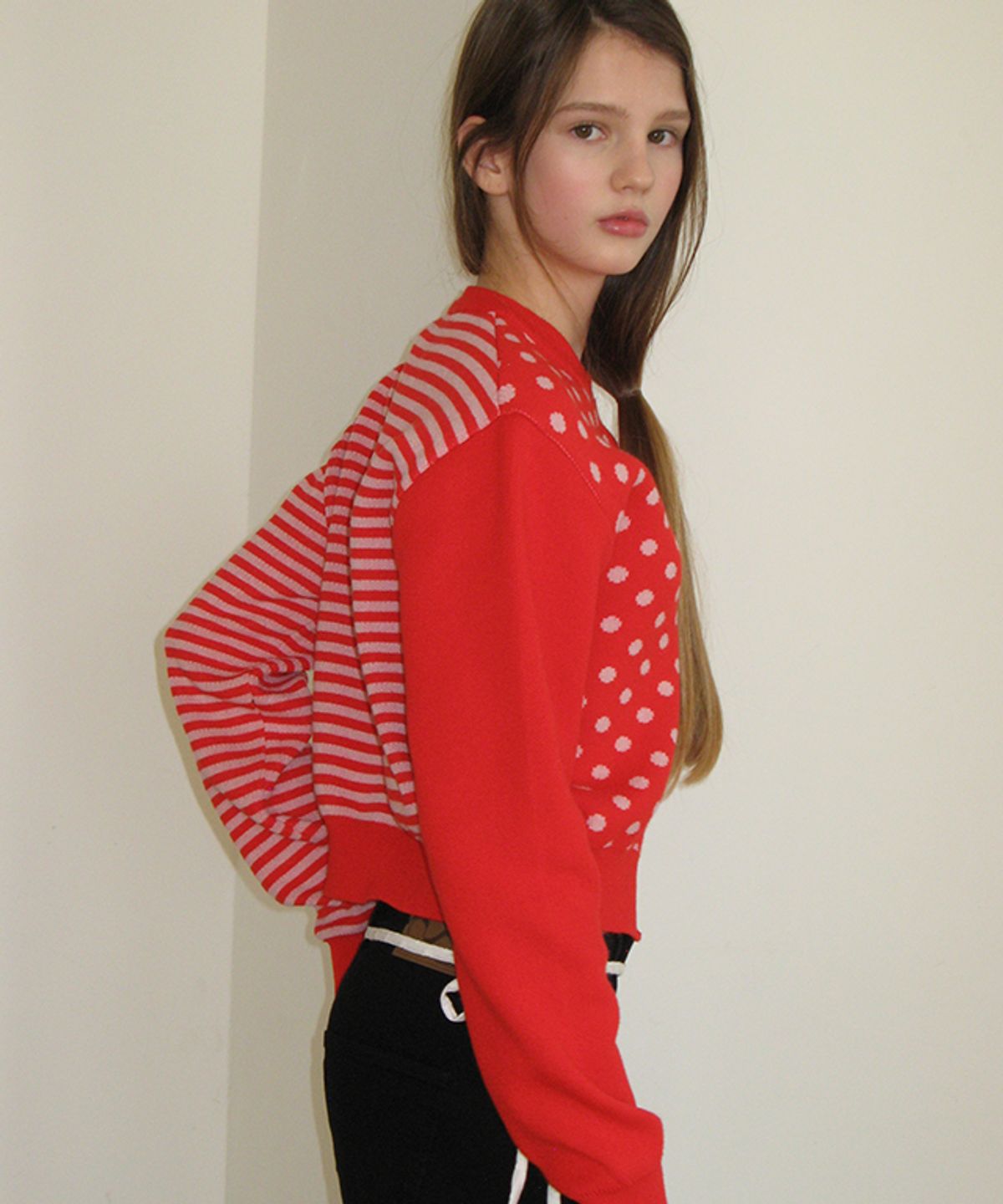 론론(RONRON) BACK STRIPE DOT KNIT CARDIGAN RED