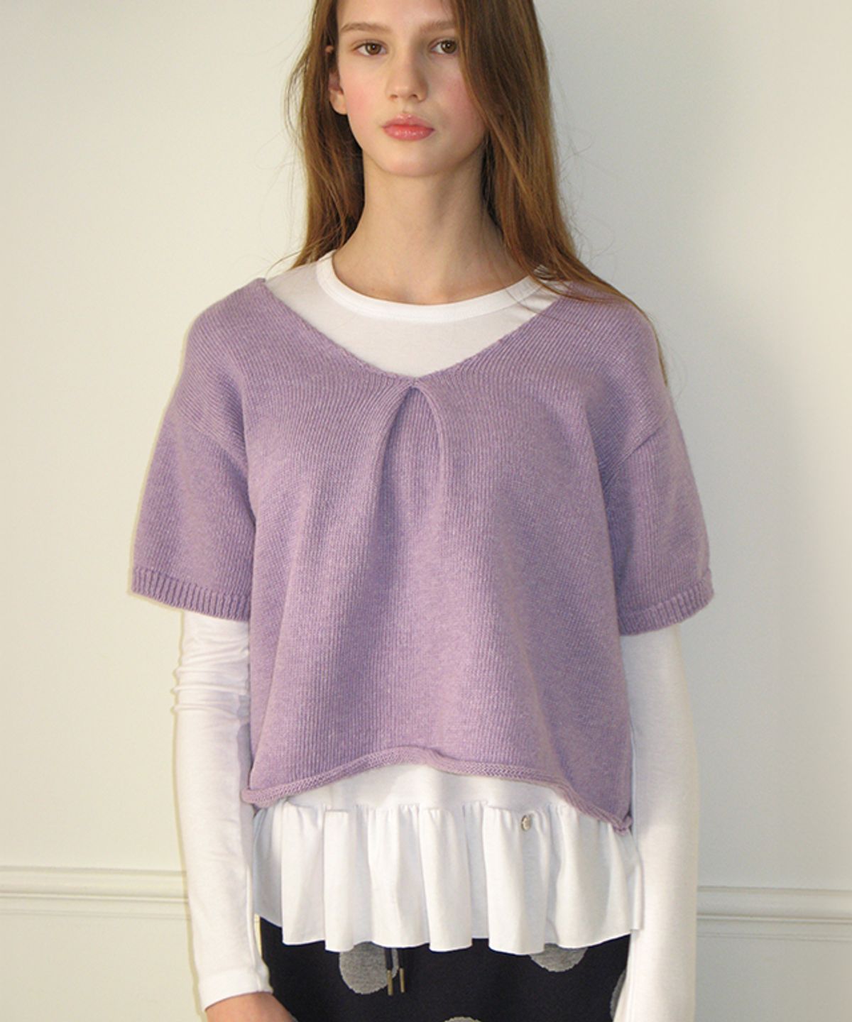 론론(RONRON) KNOT V NECK SHORT SLEEVE KNIT PURPLE