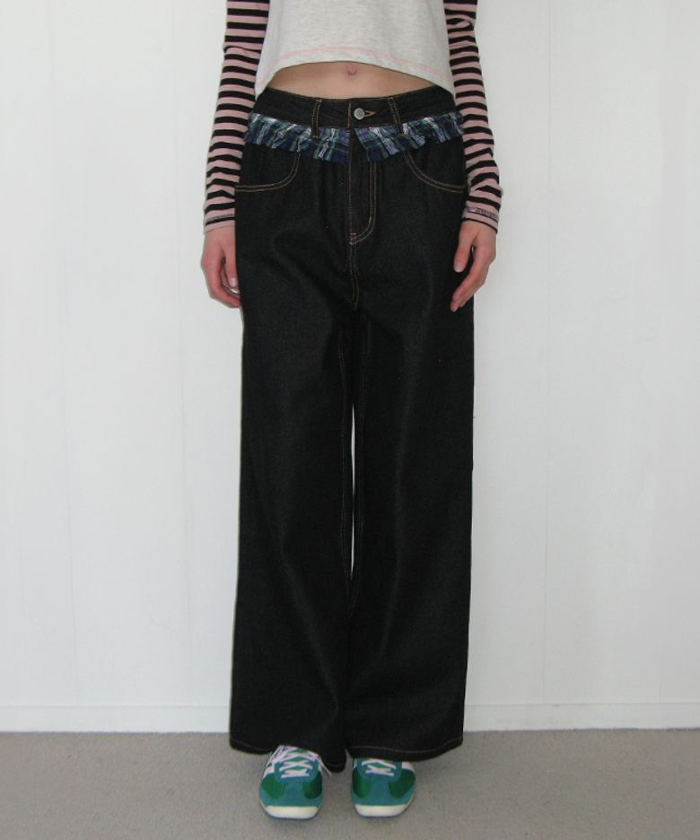 CHECK FRILL LAYERED DENIM PANTS BLACK
