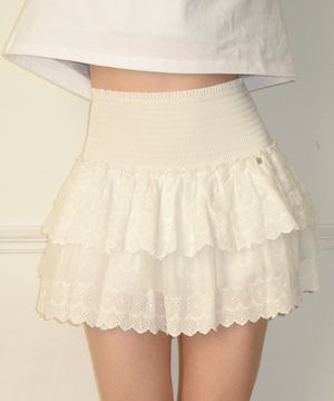 SMOCKED LACE CANCAN RUFFLE PANTSKIRT WHITE