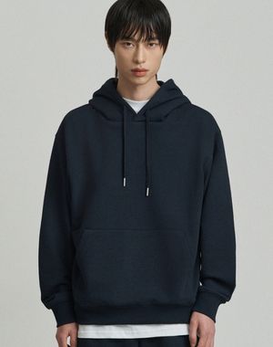 베이직 세미 오버핏 코튼 스웨트 후드 티셔츠 [네이비]