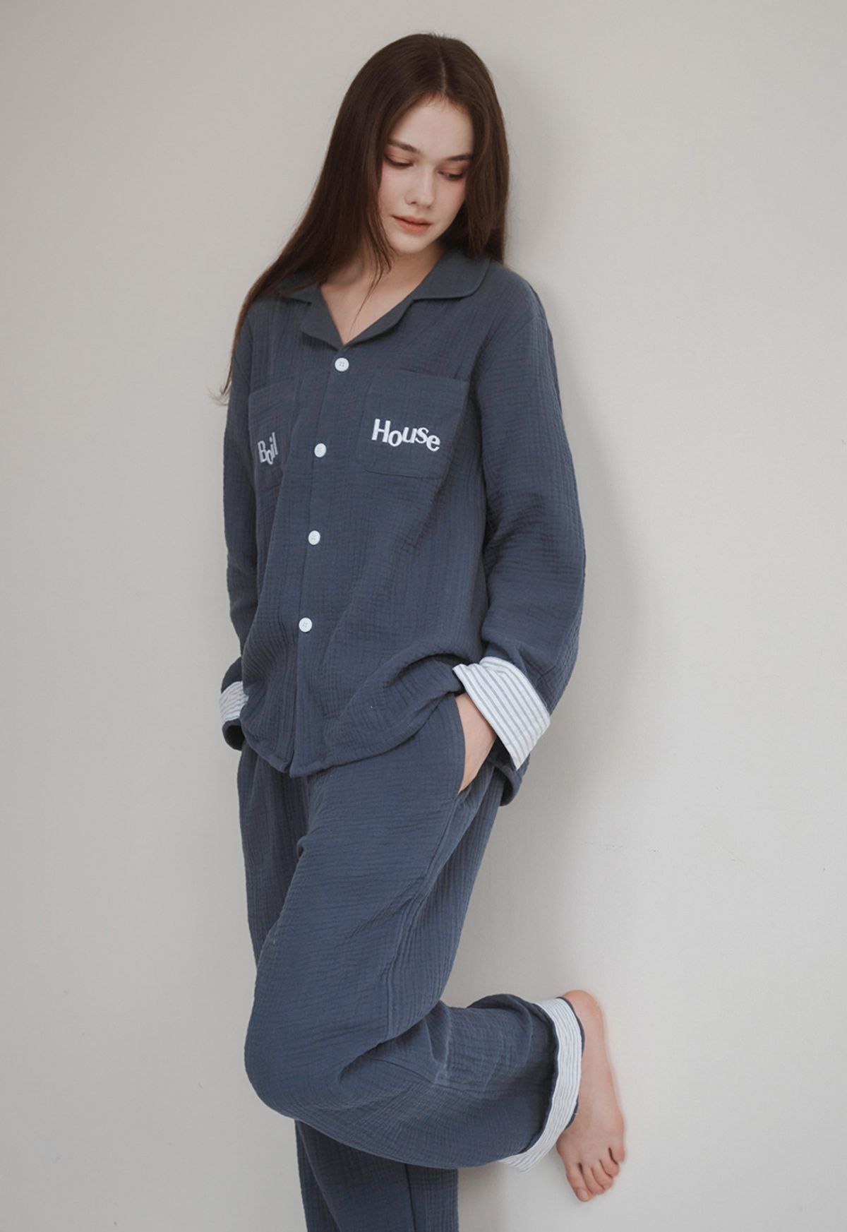 보일하우스(BOIL HOUSE) Sunset Stripe Hem Pajama Set (navy)