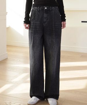 하이라이트 워싱 핀턱 벌룬 와이드 청바지