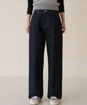 다크블루 핀턱 와이드 데님팬츠