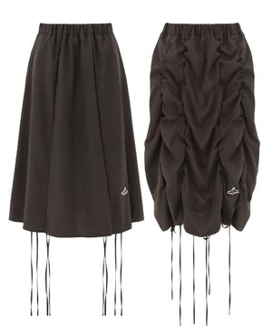 2WAY 스크런치 A라인 셔링 리본 코튼 미디 스커트_브라운