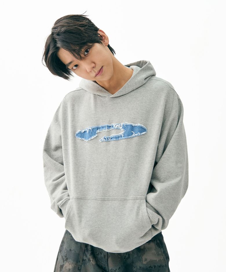 Pigment Washed Denim Applique Hoodie M.Gray