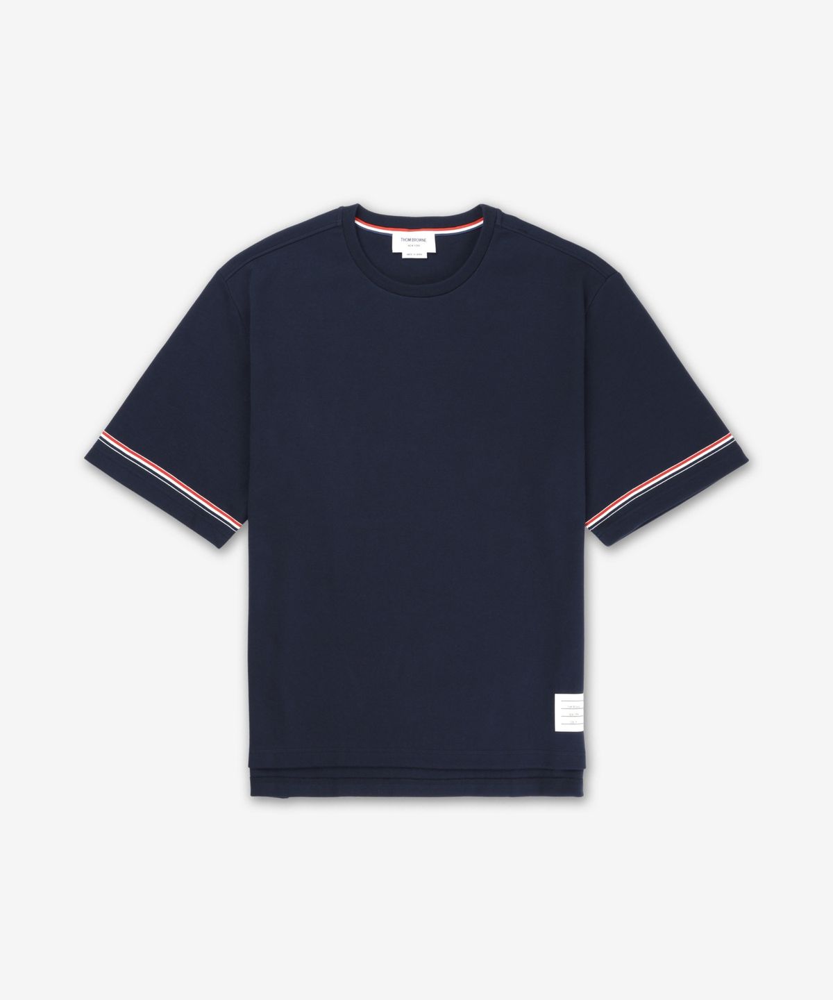 톰 브라운(THOM BROWNE) 럭비 핏 RWB 스트라이프 반소매 티셔츠 - 네이비 / MJS282AJ0199415