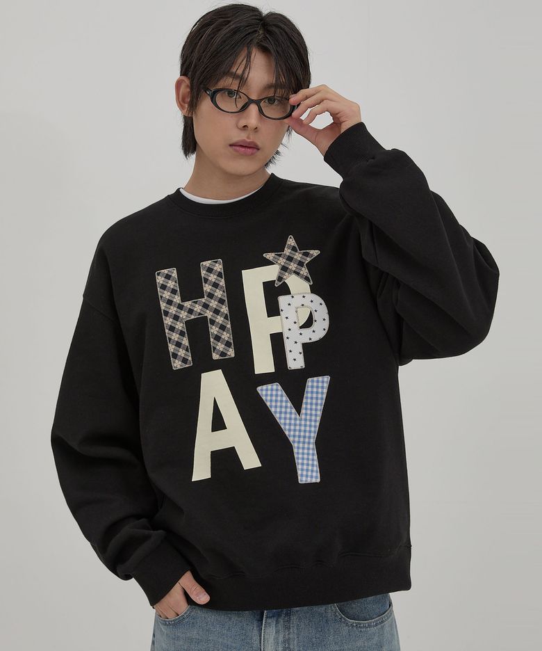 [개횬 PICK] HAPPY 패치워크 맨투맨 블랙