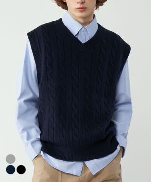 오버핏 케이블 니트 베스트 3Color