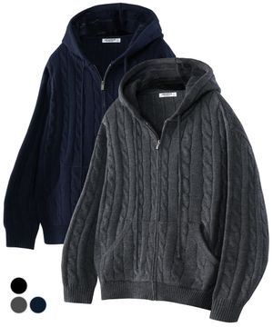 오버핏 케이블 니트 후드집업 3Color