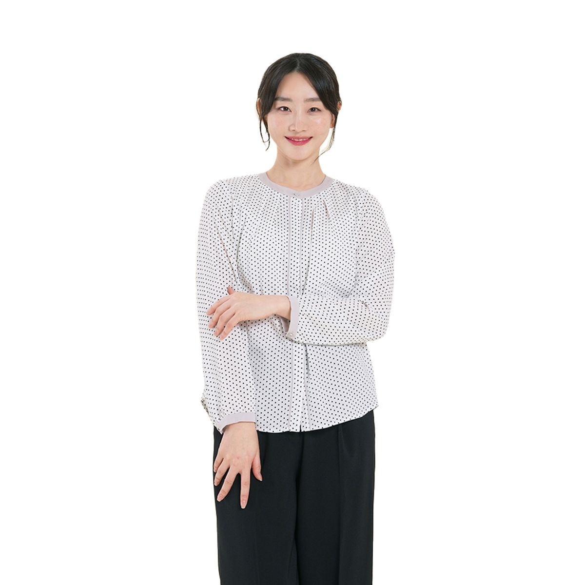 올리비아 하슬러(OLIVIA HASSLER) 도트패턴 배색단 블라우스_OHDMBL201