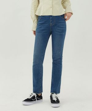 여성 허리밴딩 밑단수술 일자핏 데님 팬츠 (연청)