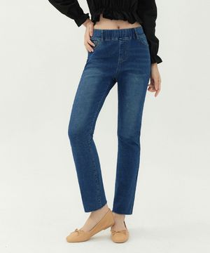 여성 허리밴딩 밑단컷팅 일자핏 데님 팬츠 (블루)