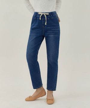 여성 워싱 허리스트링 배기핏 맘핏 데님 팬츠 (블루)