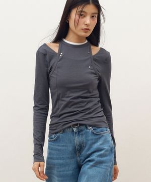 Stud Layered T-shirt in Charcoal