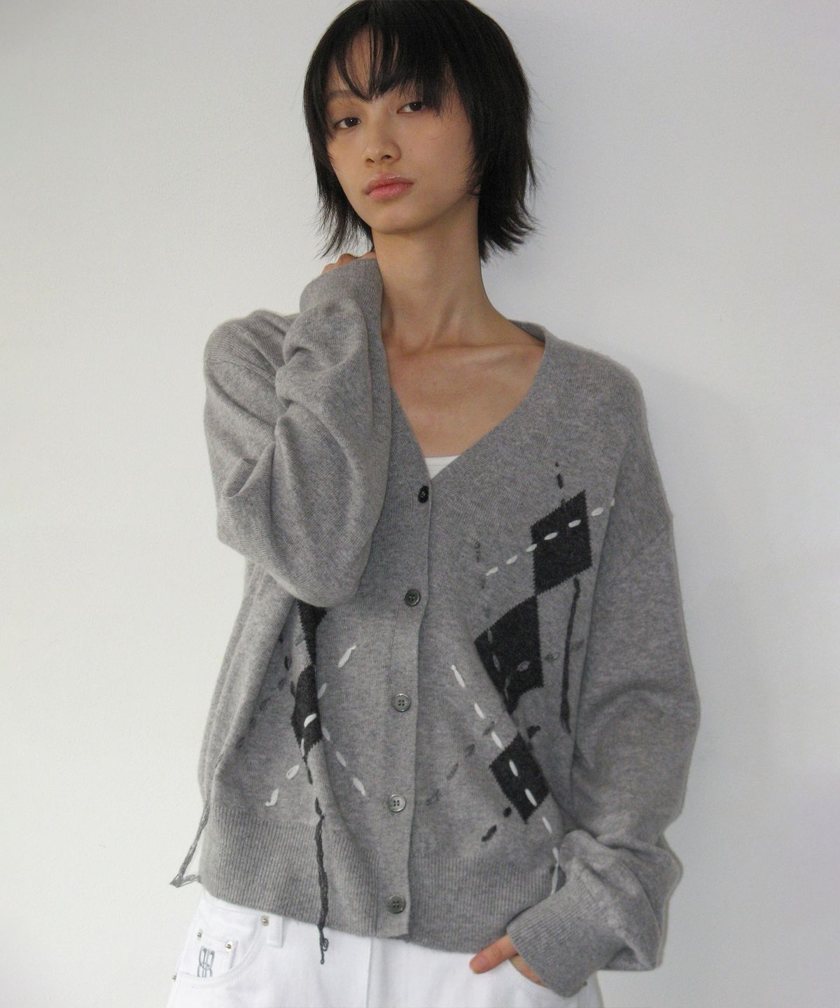 락케이크(ROCKCAKE) Argyle Stitch Knit Cardigan - Gray