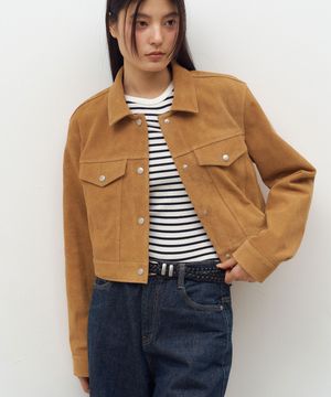 Vegan Leather Suede Trucker Jacket in Camel