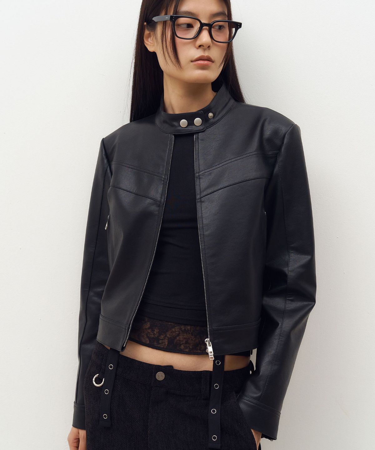 도프셉(DOFFSEPT) Vegan Leather Racer Jacket in Black
