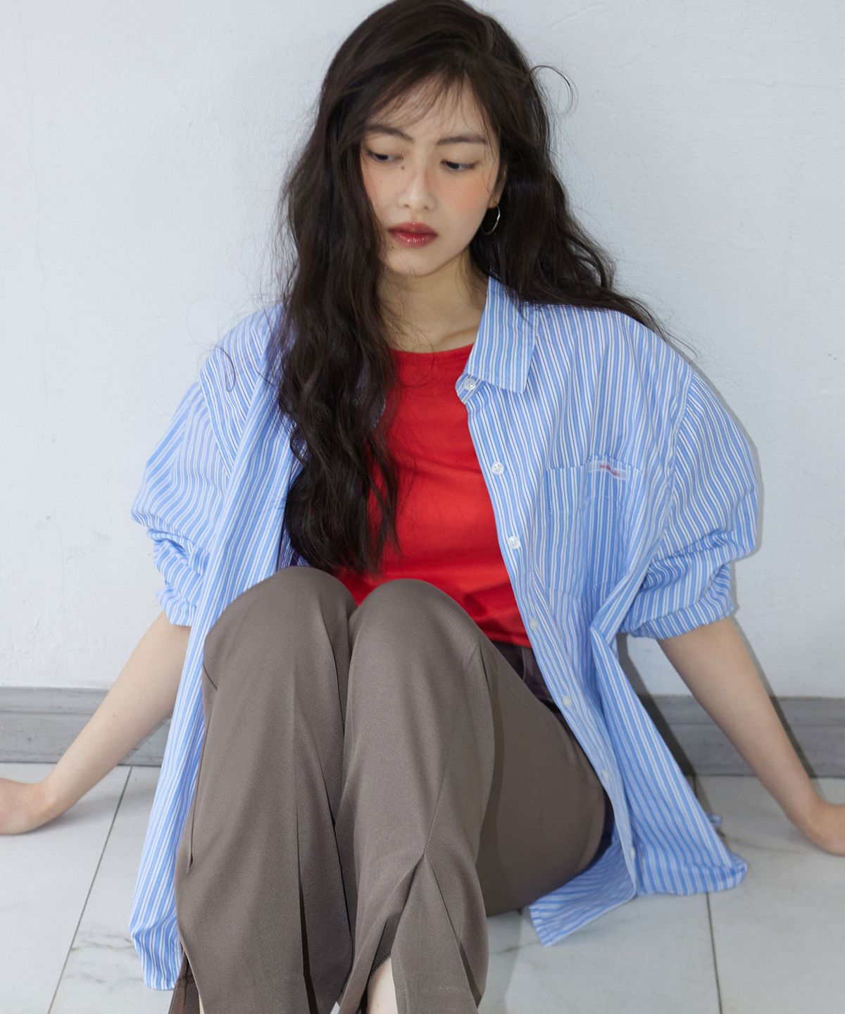 미치코런던 코시노(MICHIKO LONDON KOSHINO) 오버사이즈 스트라이프 셔츠 블루