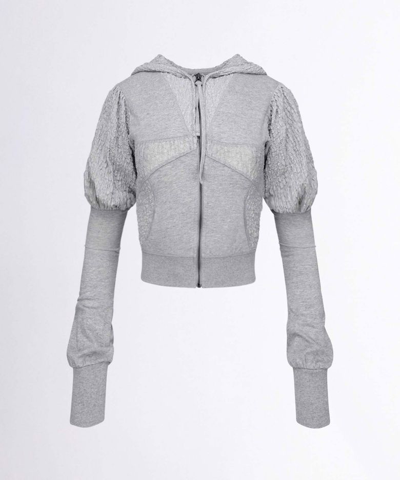 Puff Sleeve Zip-Up Hoodie Melange Gray