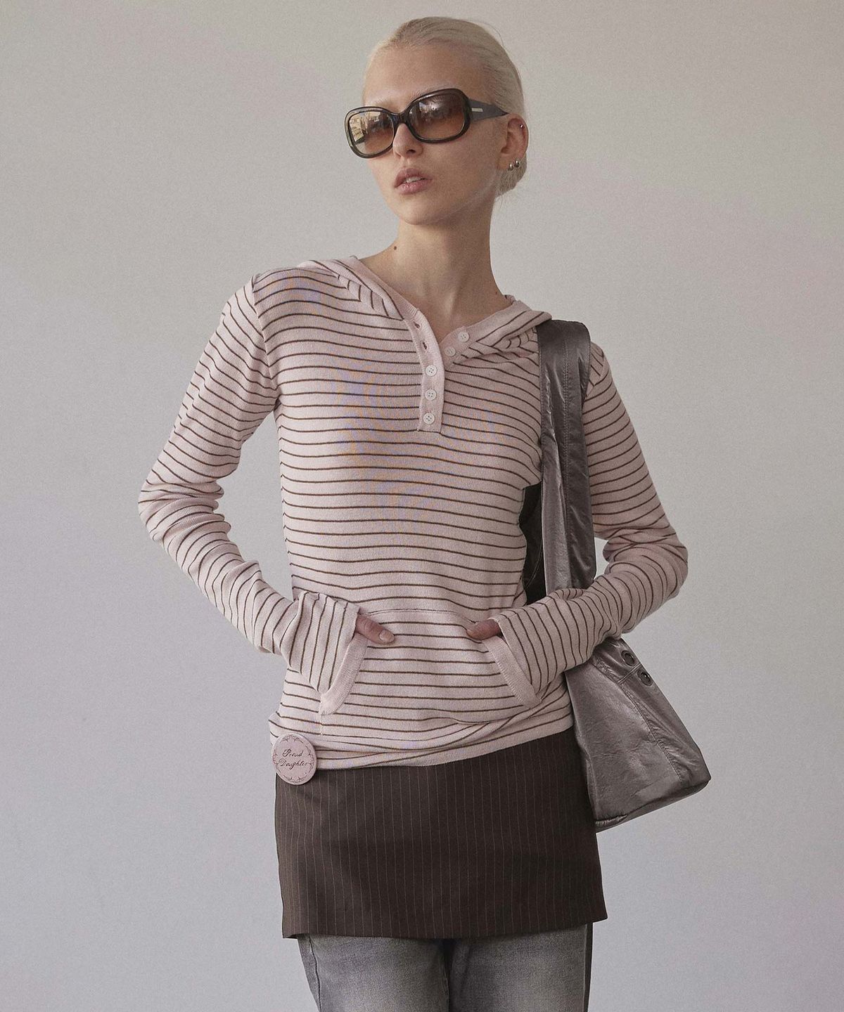 스컬프터(SCULPTOR) Knitted Stripe Hoodie Pink/Brown