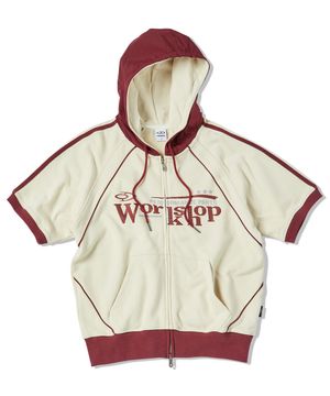 워크샵 라인 래글런 나일론 믹스 반팔 후드 집업 라이트 베이지