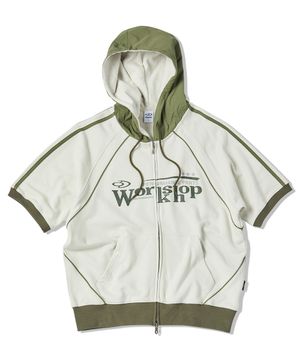 워크샵 라인 래글런 나일론 믹스 반팔 후드 집업 아이보리