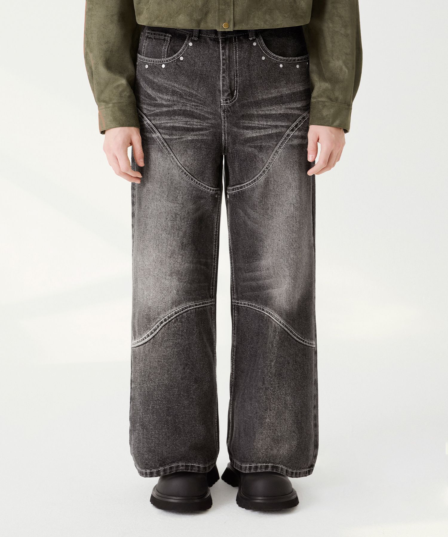 MUSINSA公式 | TRILLION Front Washing Wide Denim Pants_YELLOW