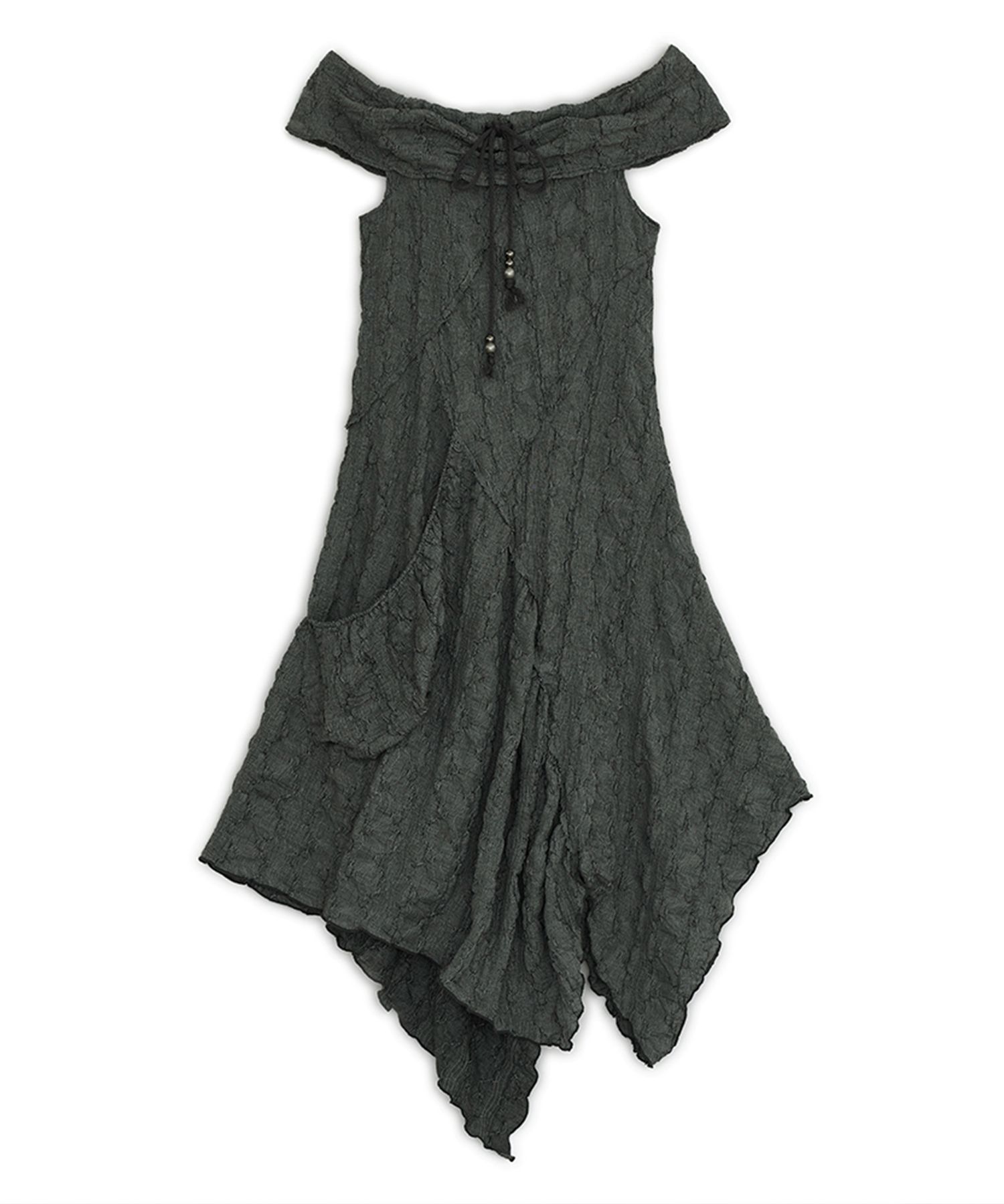 hug your skin☆Draw-string off-shoulder dress MUSINSA | HUG YOUR SKIN Drawstring Off-Shoulder Dress (Charcoal)