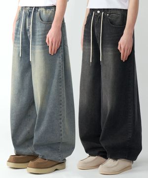 빈티지 프론트 워싱 와이드 벌룬 데님 팬츠 4Color