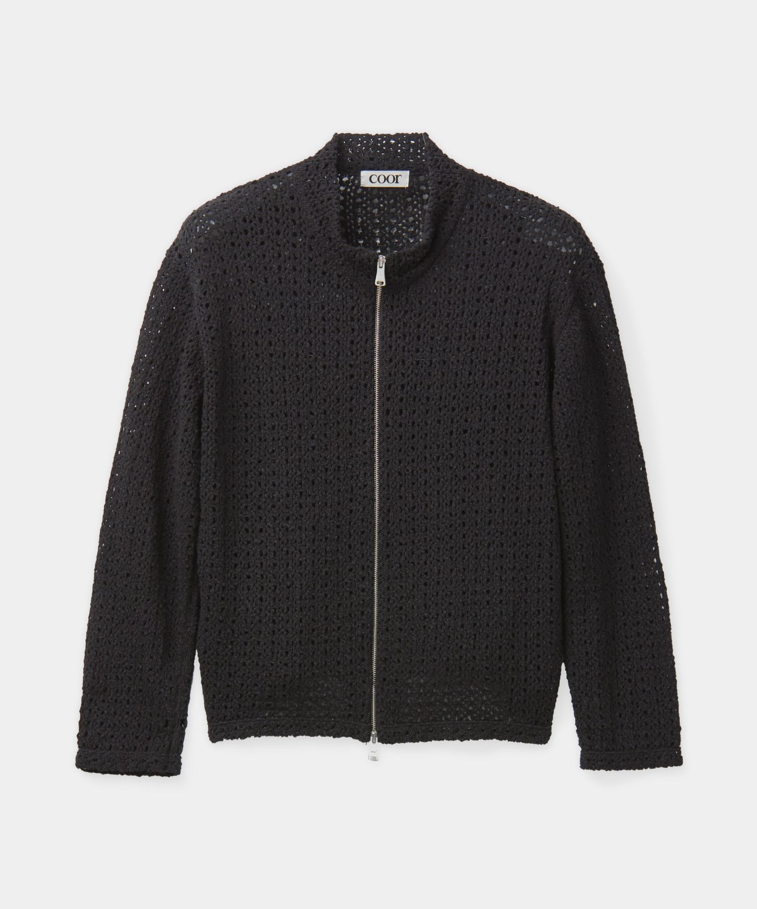 MUSINSA | COOR Cotton Skashi Stand Collar Knit Zip-Up (Black)