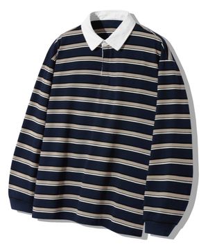 스트라이프 럭비 오버핏 피케 폴로 셔츠 [네이비]