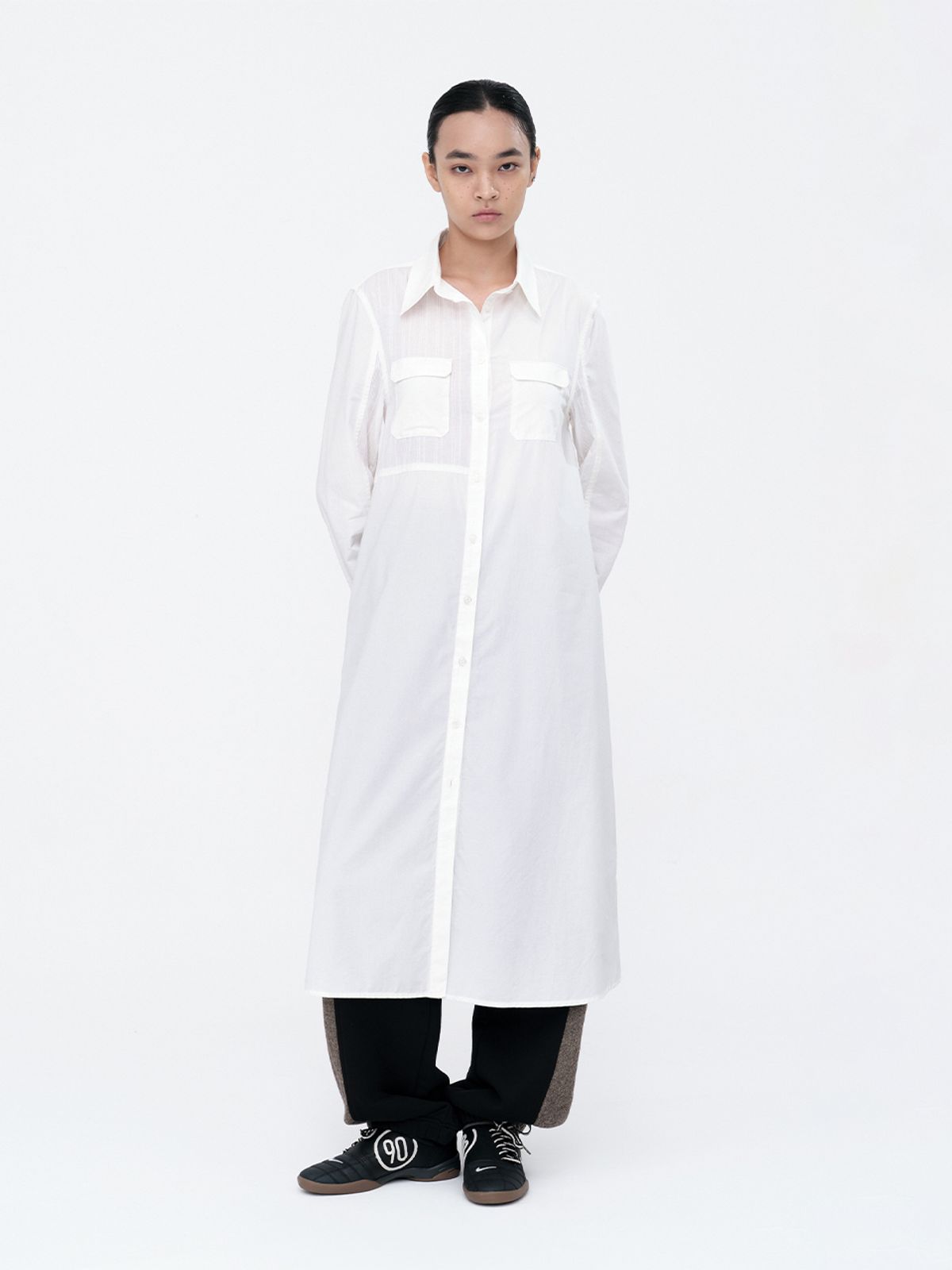 밀로 우먼(MILLO WOMEN) 레이어 코튼 롱 셔츠 [화이트]