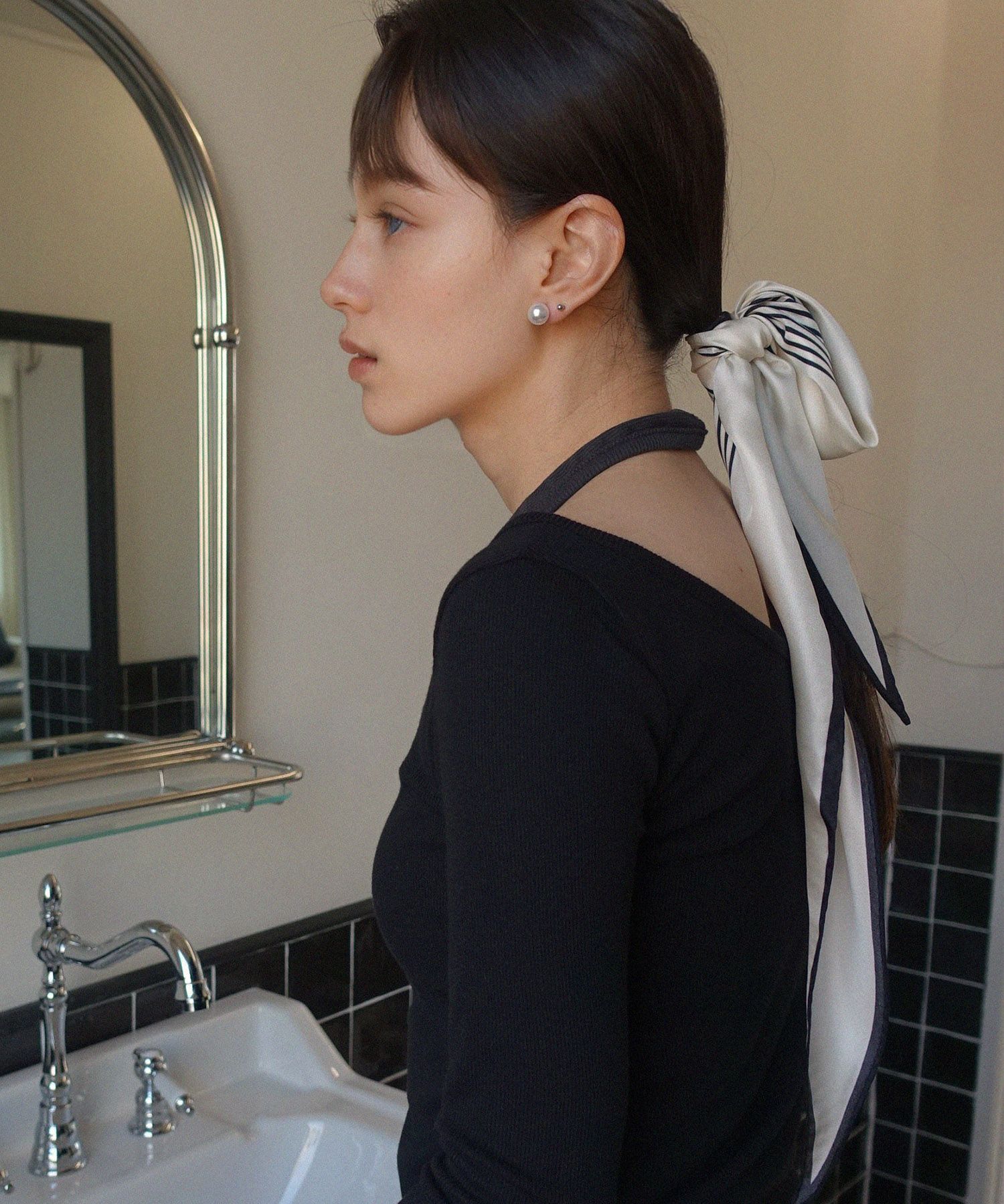 PREMIERE AMOUR◆Square Line Silk Scarf - Black/Beige MUSINSA | PREMIERE AMOUR Square Line Silk Scarf - Black
