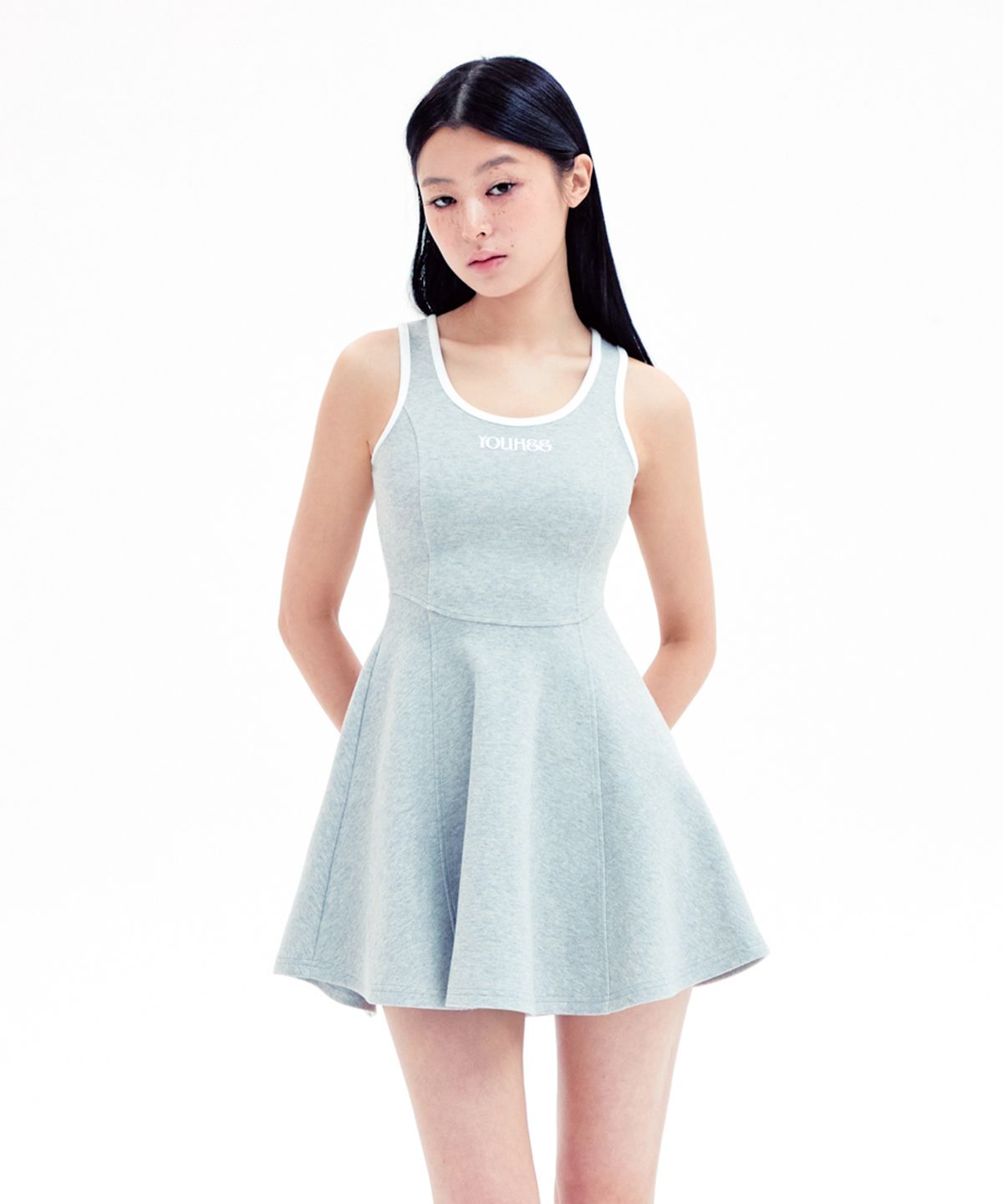 유희(YOUHEE) RINGER FLARE MINI DRESS MELANGE GREY