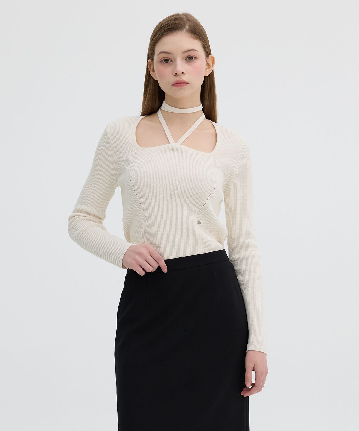 올리브 데 올리브(OLIVE DES OLIVE) 스트랩 포인트 슬림핏 골지 니트 풀오버 OH5SP1520