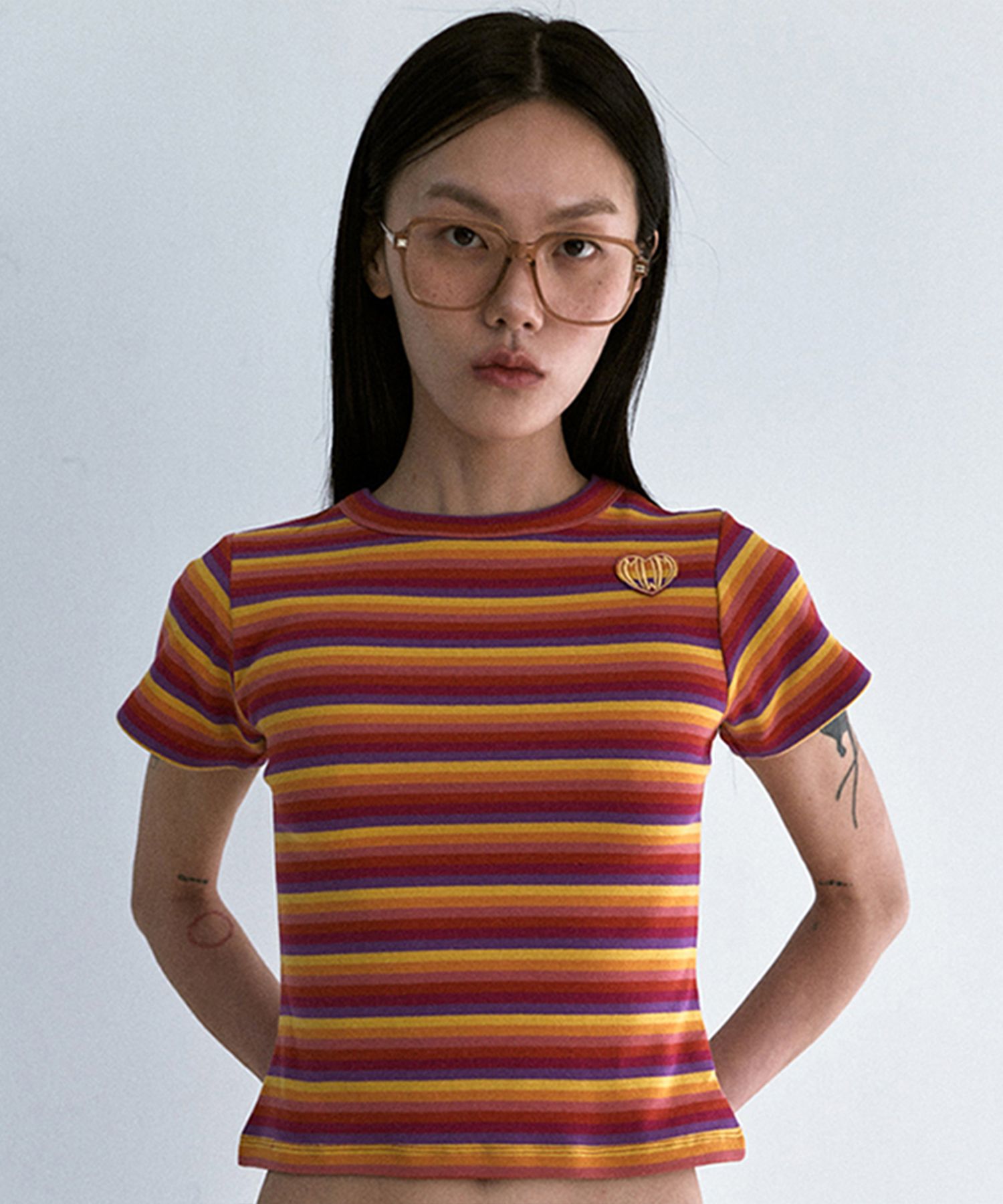 MUSINSA公式 | M.M.M ストライプクロップTシャツ_レッドオレンジ