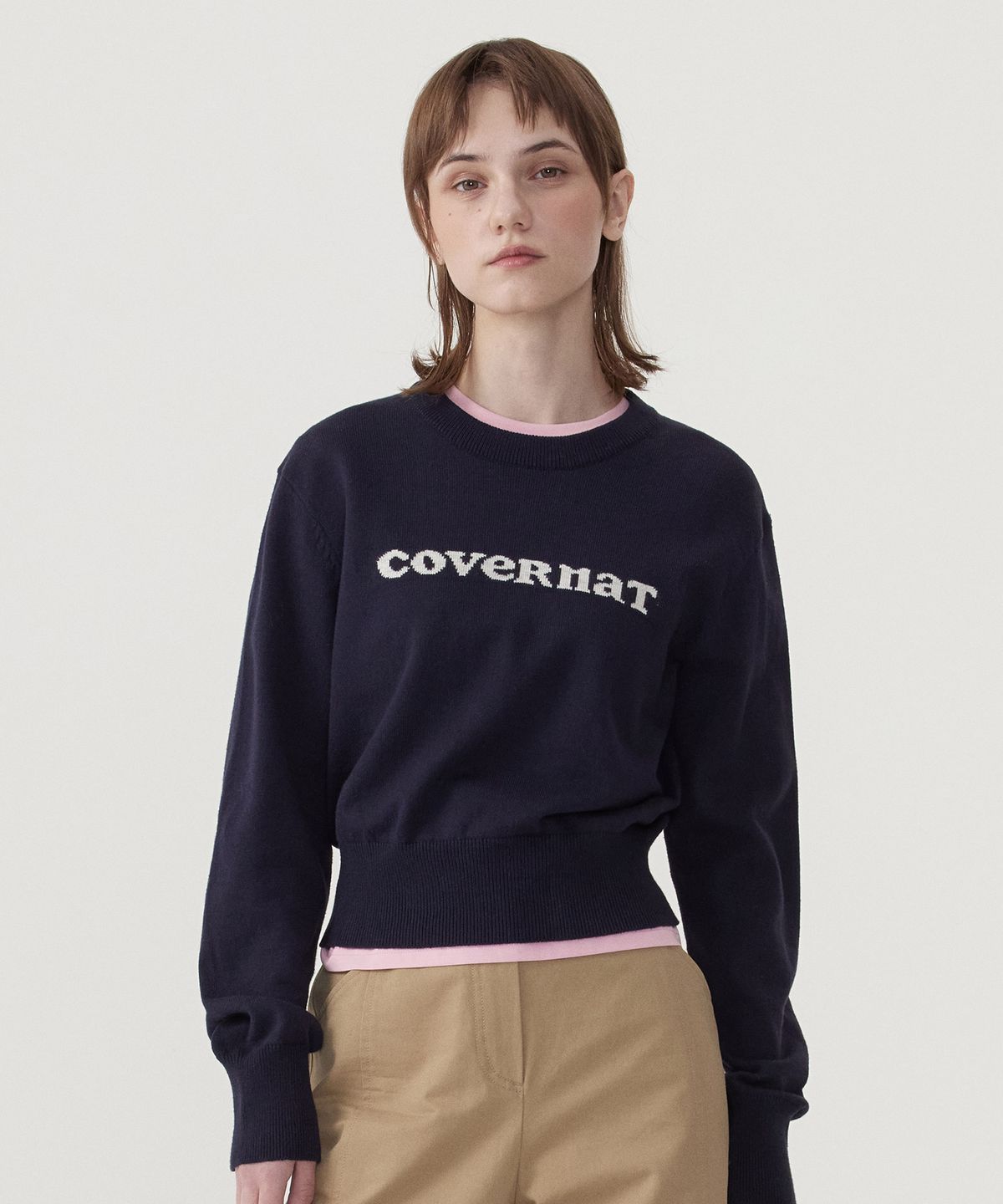 커버낫 우먼(COVERNAT WOMAN) 우먼 쿠퍼로고 라운드넥 니트 Navy