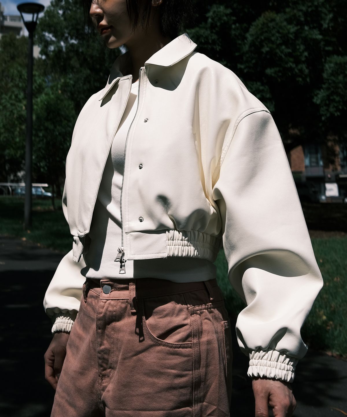 노리그렛(NOREGRET) Classic Crop Leather Blouson Jacket_Cream