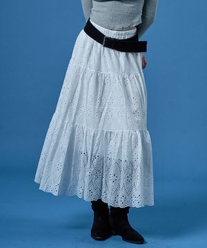 레이스 자수 플라워 플레어 롱스커트 [WHITE] KCL.