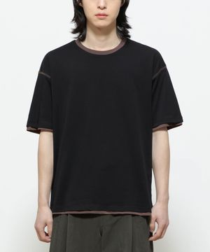 커버 스티치 레이어드 티셔츠 [블랙 X 브라운]