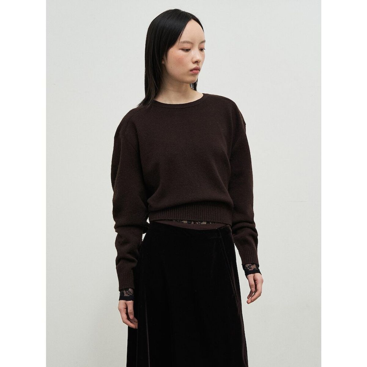 앙개(ANGGAE) Lambswool Blend 2Holes Solid Pullover  Brown