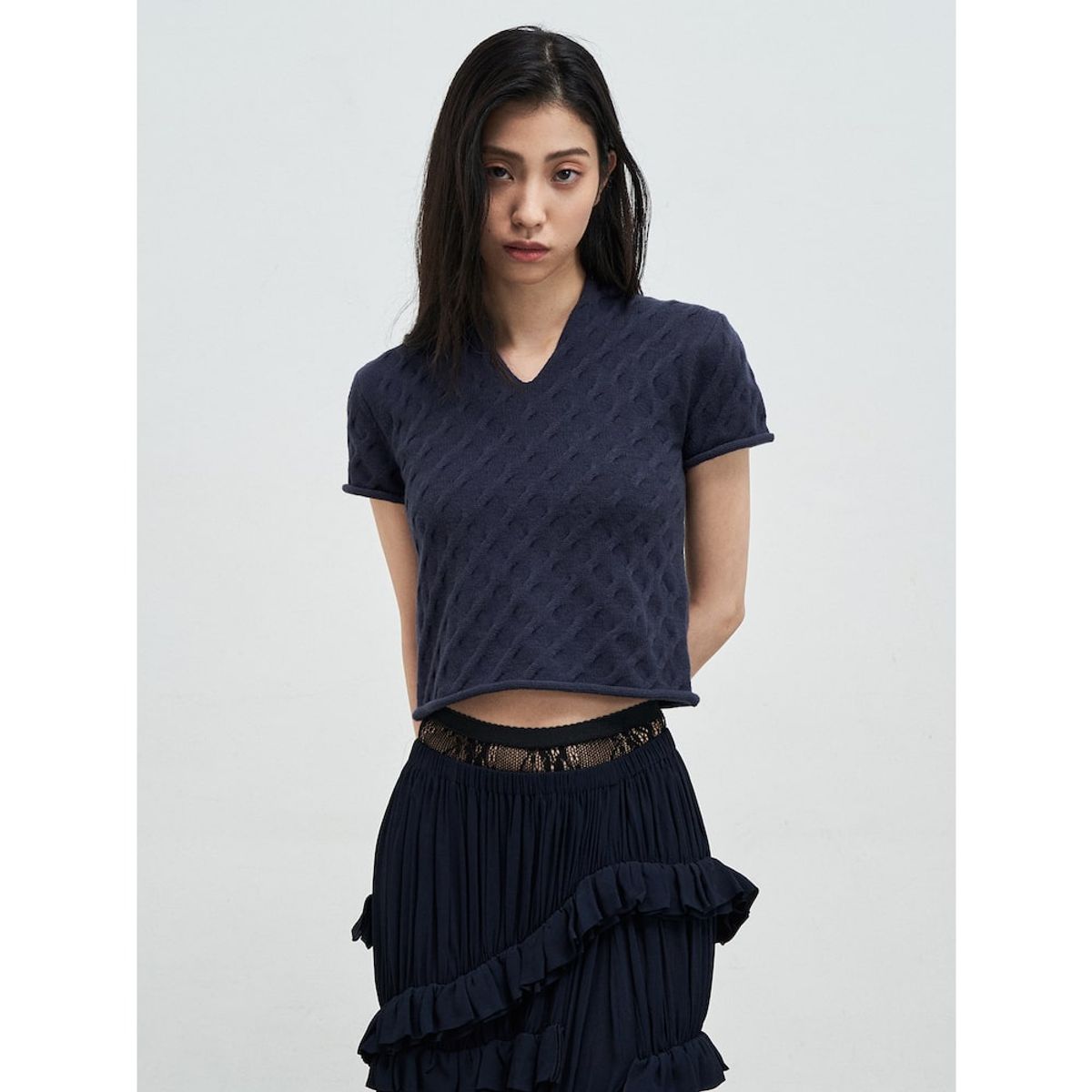 앙개(ANGGAE) Cable Slit Neck ShortSleeve Pullover  Navy