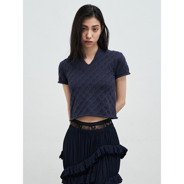 Cable Slit Neck ShortSleeve Pullover  Navy