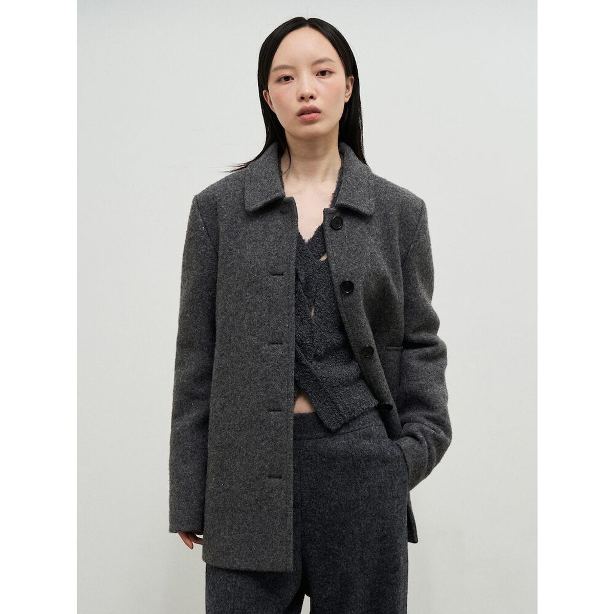 앙개(ANGGAE) Melange Wool Blend Half Car Coat  Grey