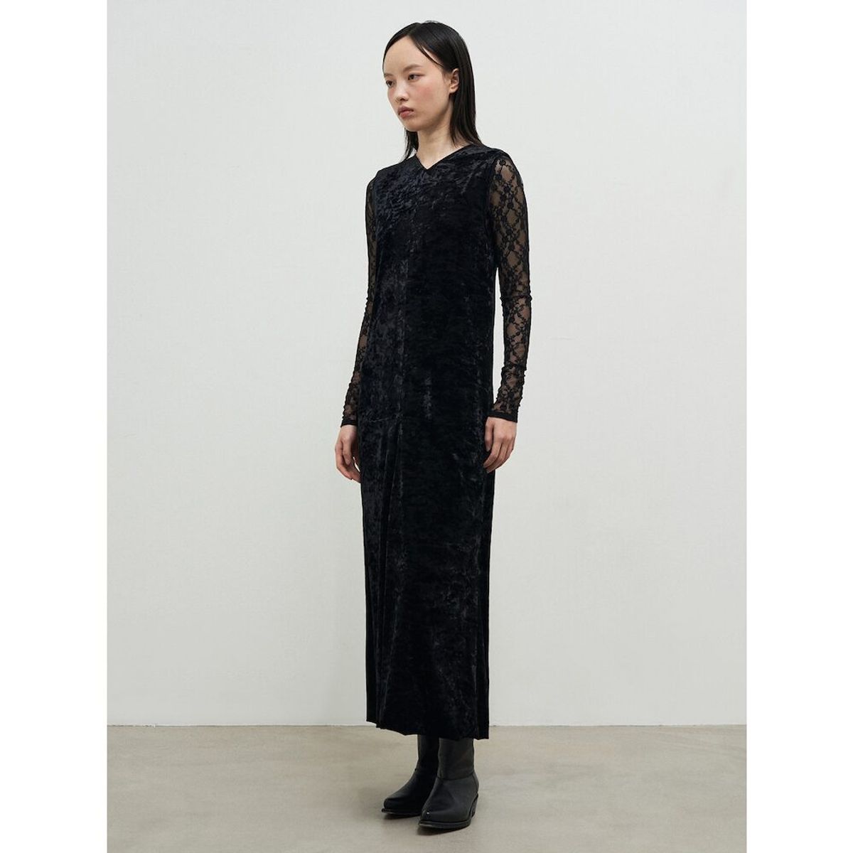 앙개(ANGGAE) Washed Velvet Long Dress  Black