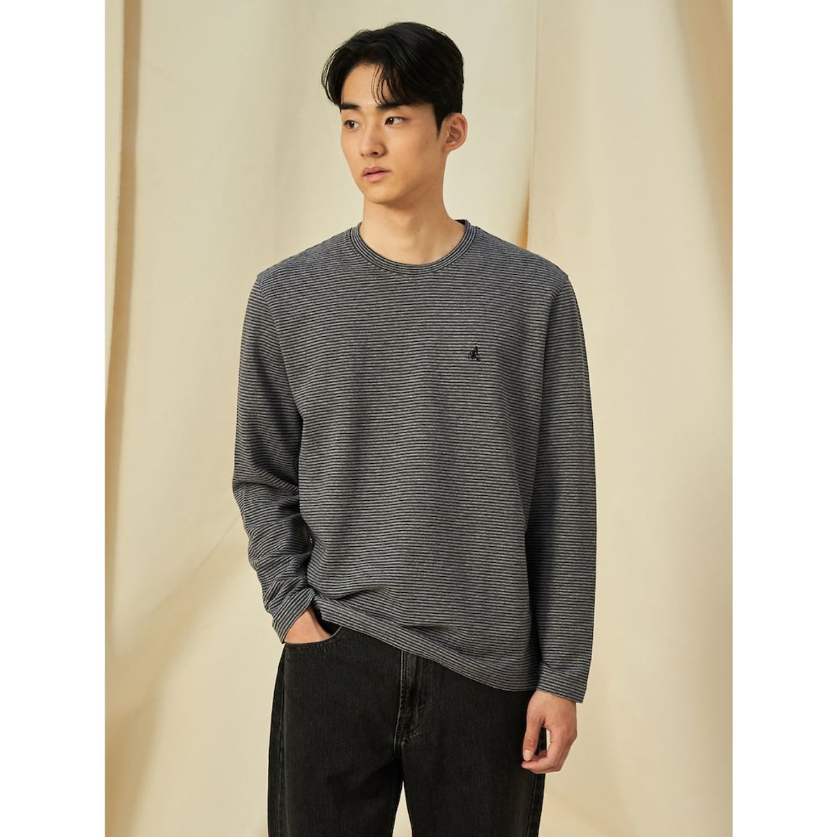 빈폴 멘(BEANPOLE MEN) 미니 스트라이프 라운드 티셔츠  애쉬 (BC5141C324)
