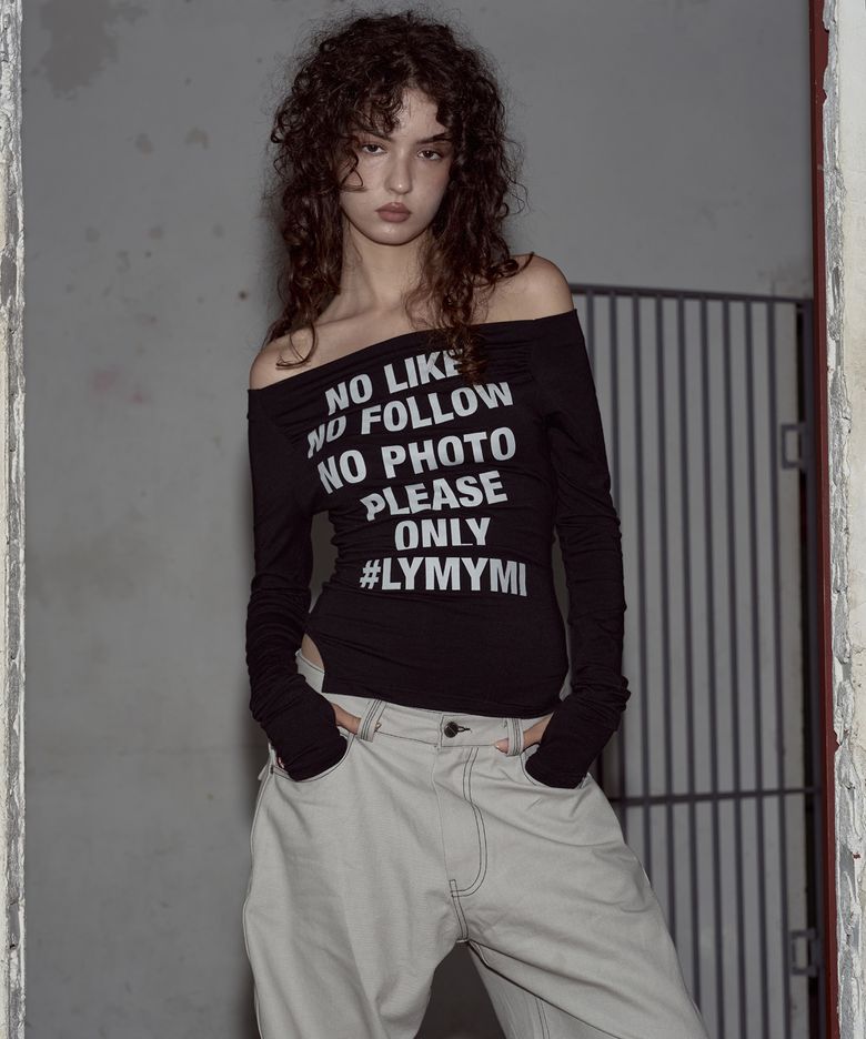 Kacy Lettering Long Off-Shoulder Top (Black)
