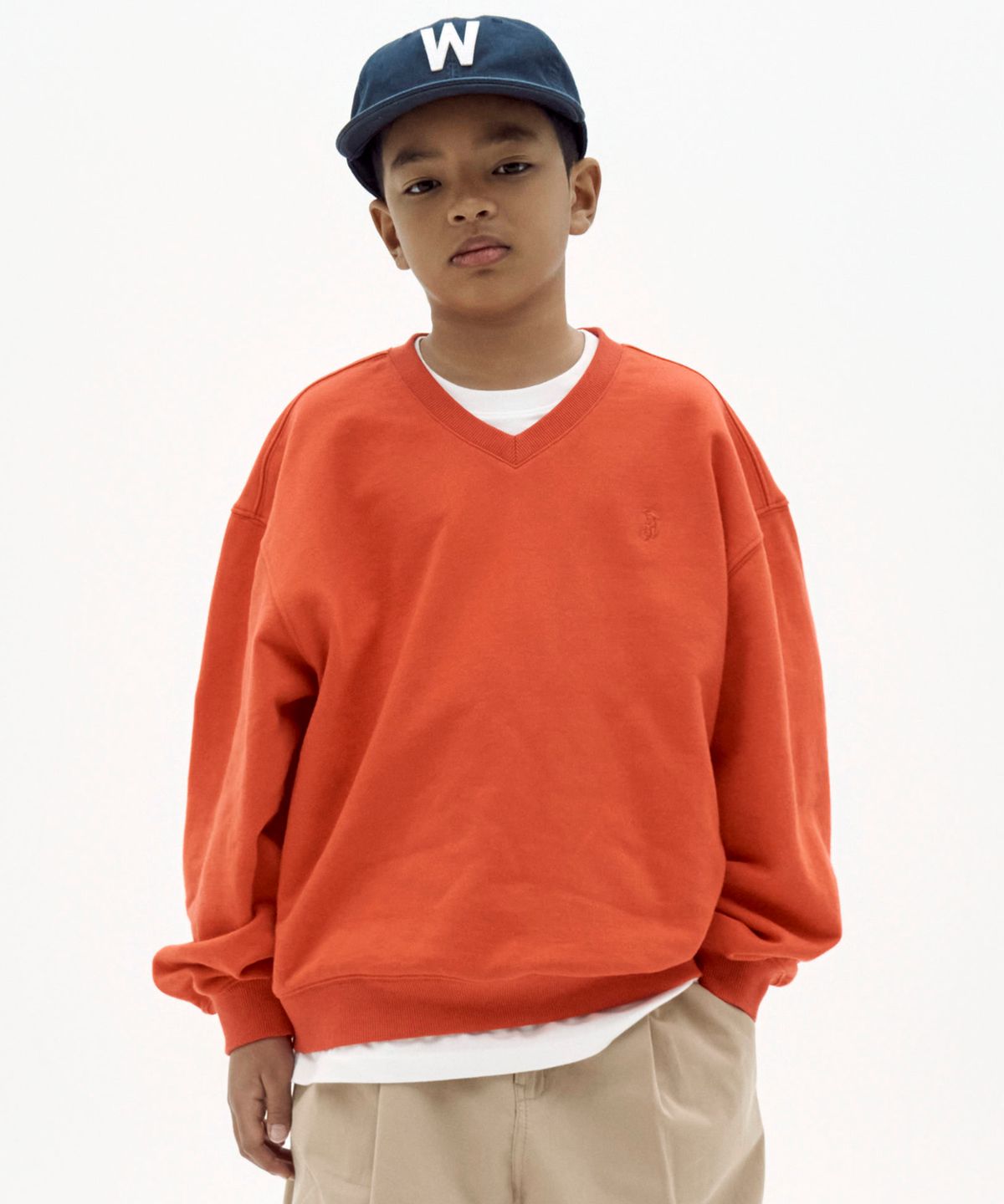 테이크이지 키즈(TAKEASY KIDS) 스몰라쿠 브이넥 오버맨투맨 (오렌지레드)