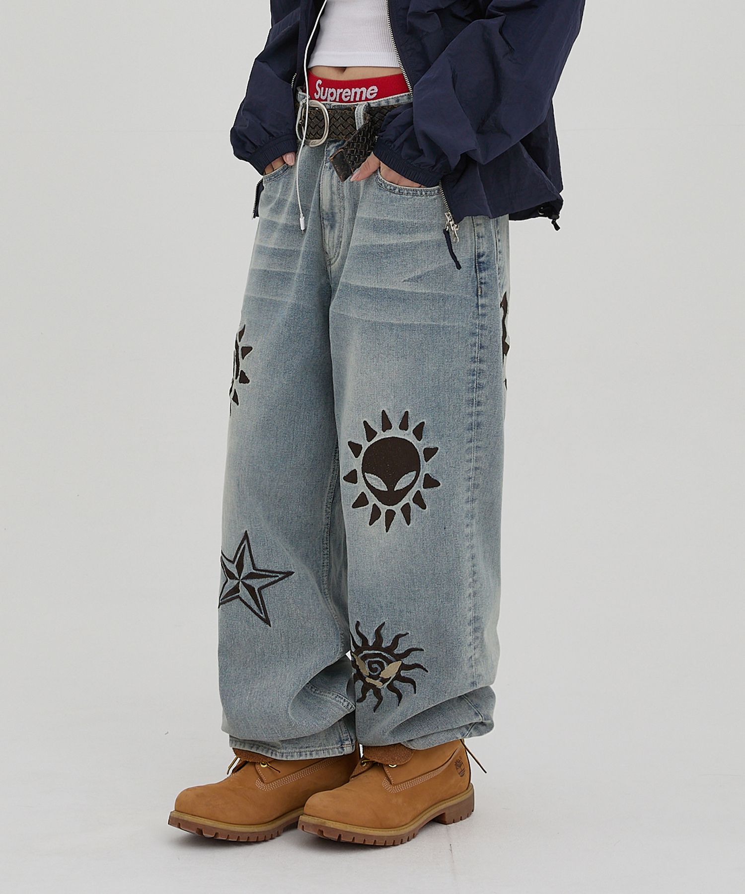 ●HOODHOOD● Western Alien Embroidered Denim Pants Light Blu MUSINSA | HOODHOOD Western Alien Embroidered Denim Pants